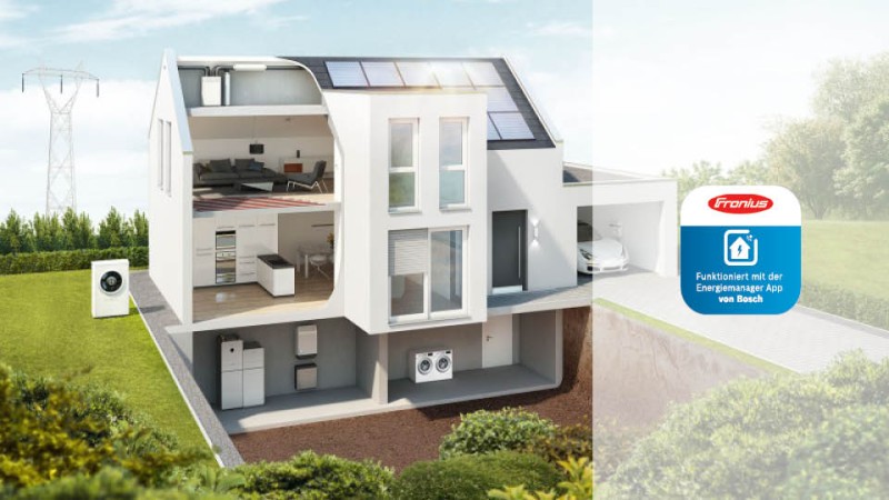 Ein Haus mit Bosch Energiemanager Logo